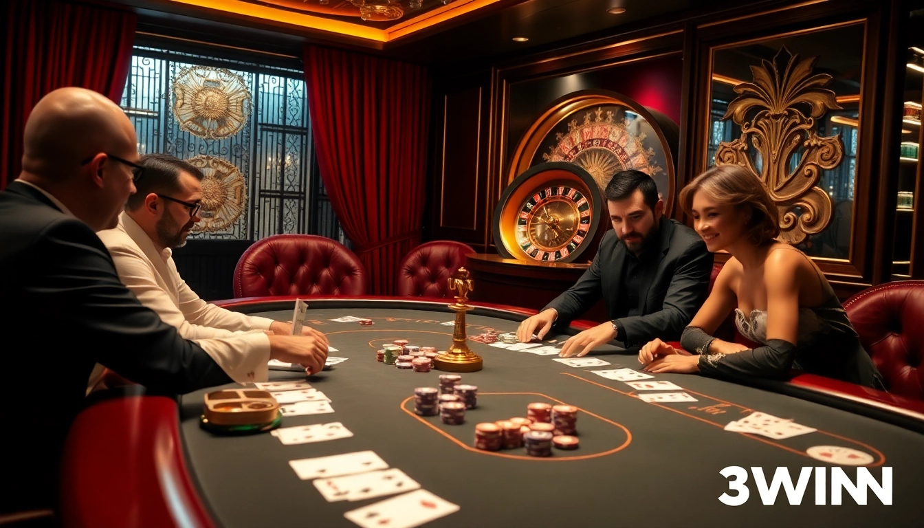 Experience thrilling high-stakes poker action at a luxurious casino, highlighting 3WIN strategies.