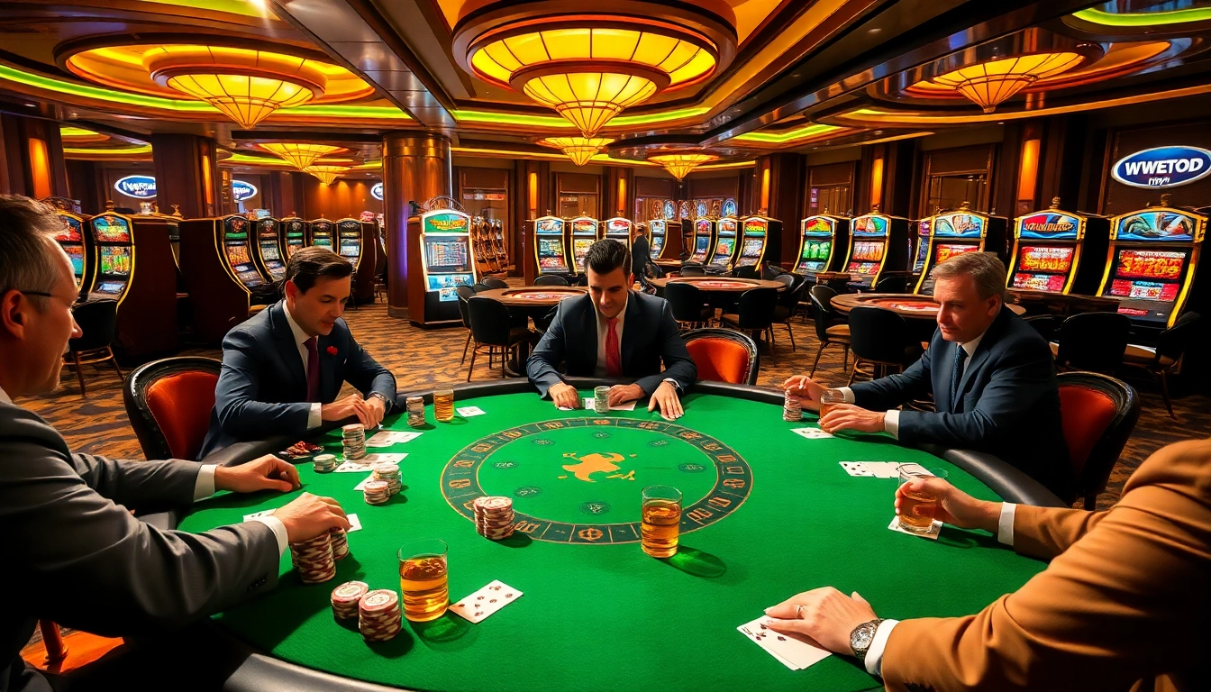 Exciting poker action at a luxurious casino table featuring https://we88top.io/ logo with vibrant chips and cards.