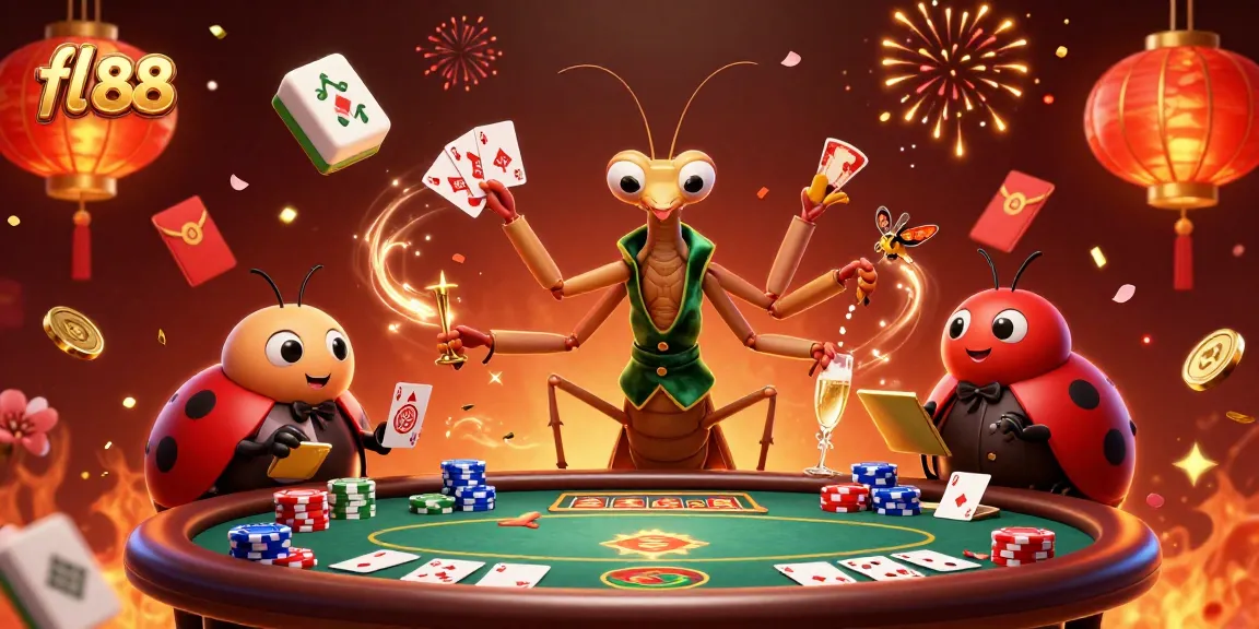 Experience thrilling action with fl 88 as a giant mantis card sharp deals chips at a vibrant casino scene.