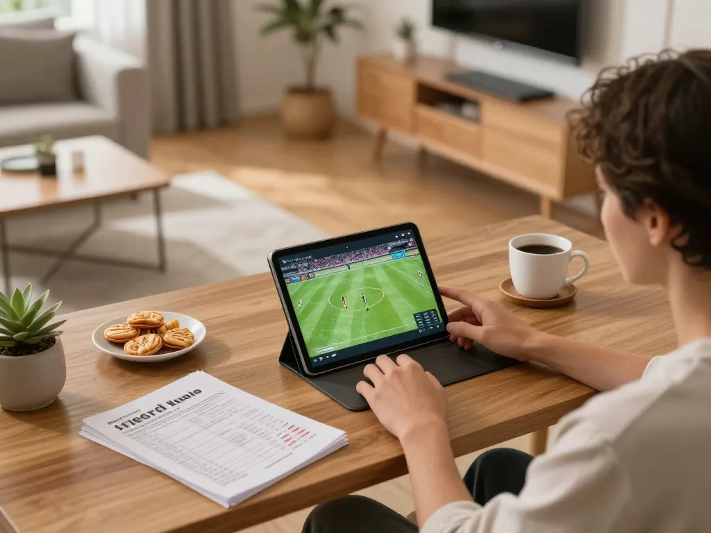 Socolive link displayed on tablet for live soccer viewing in a cozy home office
