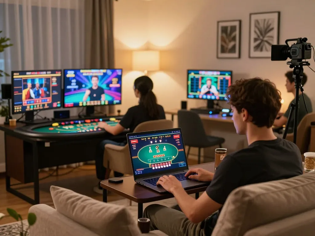 Engaging in w188 bet gaming strategy at home with a laptop, showcasing live dealer poker.