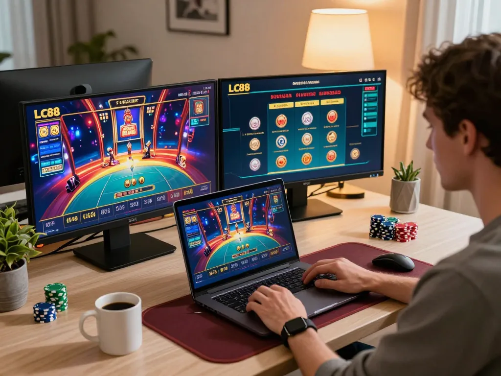 Engaging player enjoying online casino games at lc88pro on laptop, showcasing dynamic live dealer action