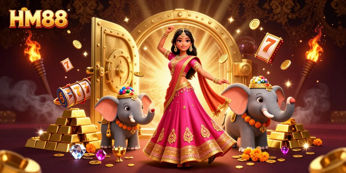Spin reels and win big at HM88 with vibrant 3D illustration showcasing casino excitement.