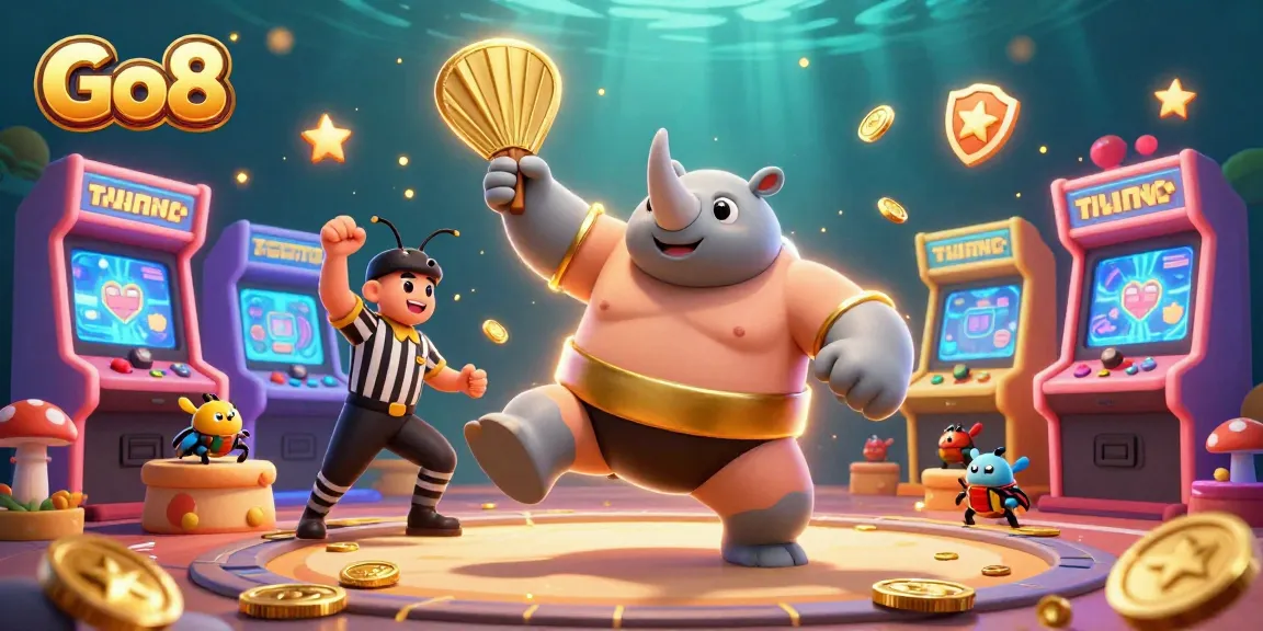 Go8 game scene with a sumo beetle champion stomping coins, engaging spectators, and vibrant arcade elements.