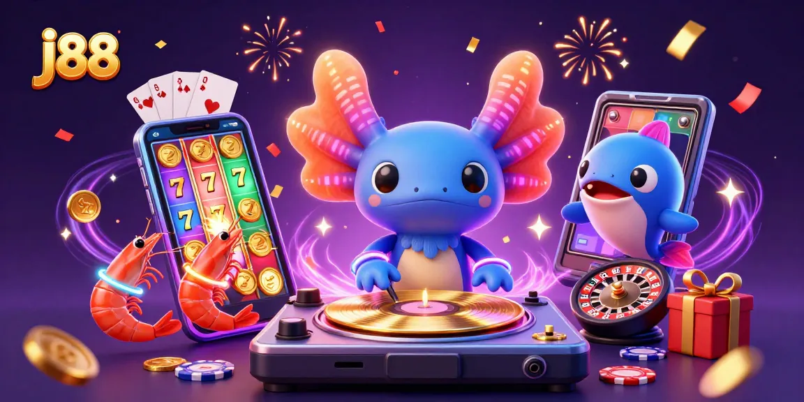 Experience vibrant j88 gaming with a neon DJ and energetic underwater characters in a dynamic casino scene.