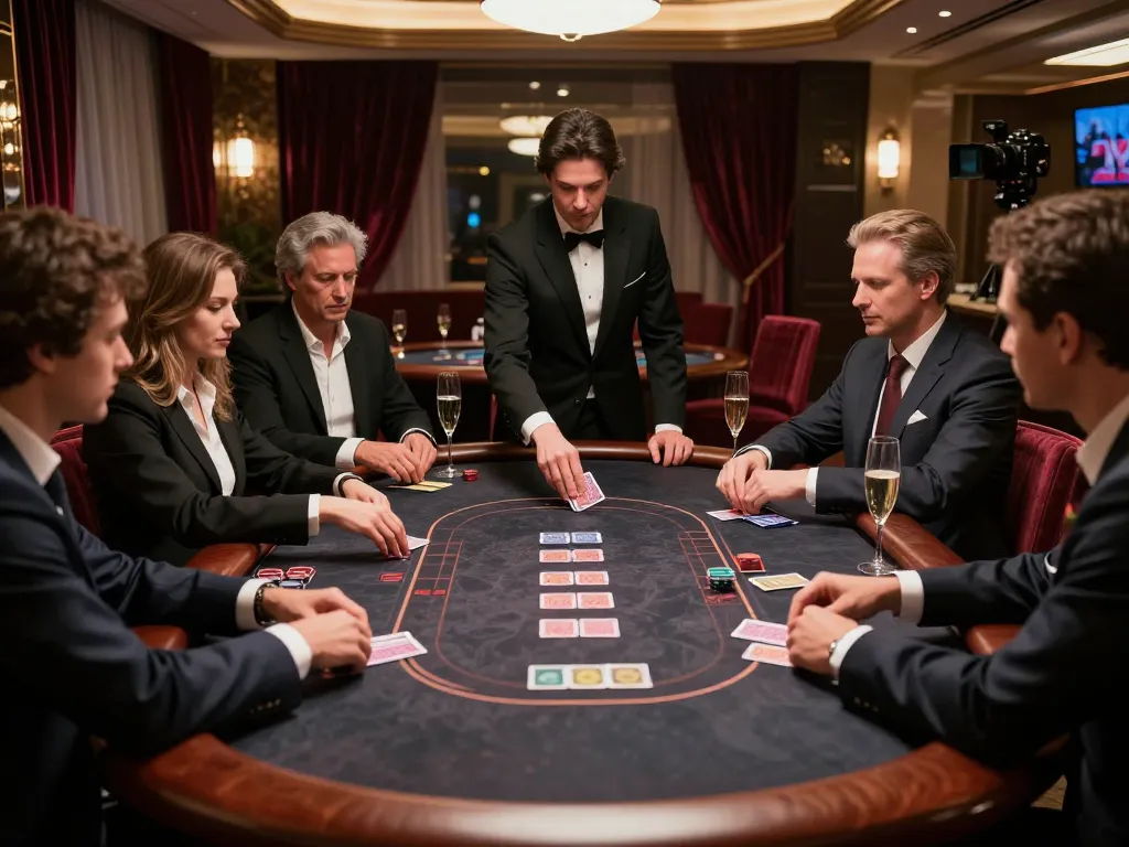 VIP79 players enjoying an exclusive poker game in a luxurious casino setting amid soft ambient lighting