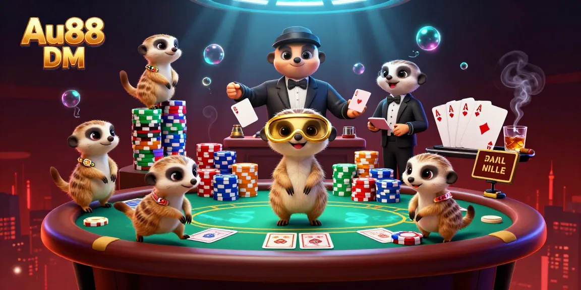 Meerkats operating an enchanting casino scene with poker elements showcasing Au88 DM flashing vividly.