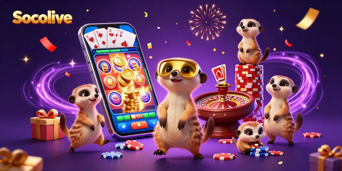Socolive's meerkat casino features thrilling gaming elements with vibrant slot games and stacking chips.