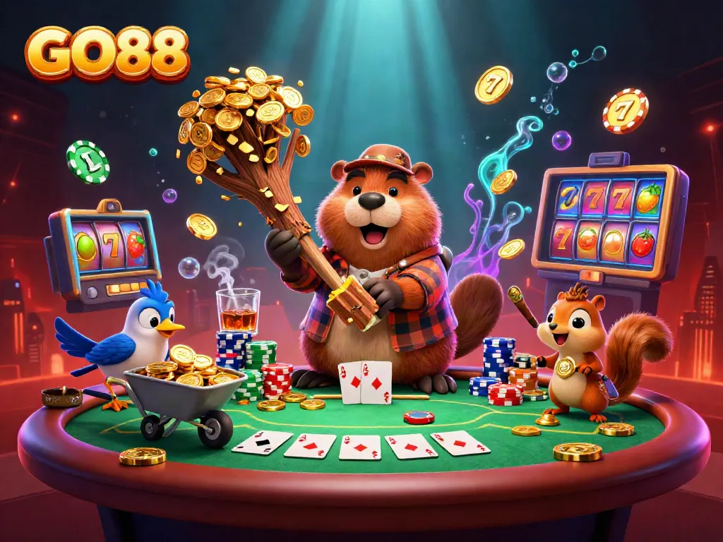 GO88 gaming scene with a lumberjack beaver, gold coins, and slot reels in a vibrant illustration.
