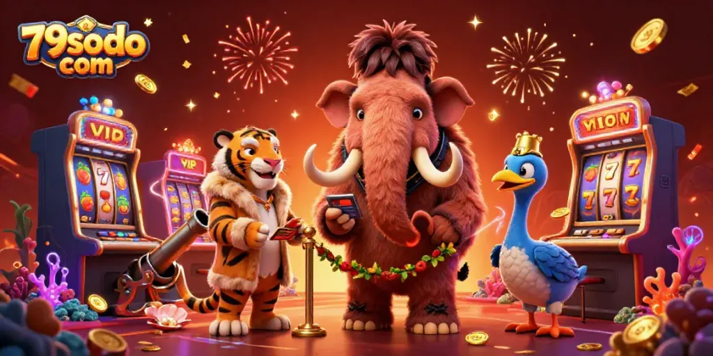Join the excitement at 79sodo com, where a mammoth bouncer, saber-tooth VIP, and dodo doorman welcome players in a lively casino scene.