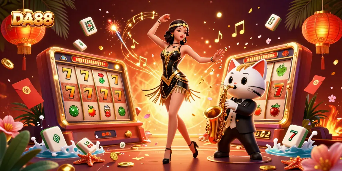 Engage with DA88 at the lively casino, featuring a flapper dancer and saxophone cat amidst vibrant slot reels.