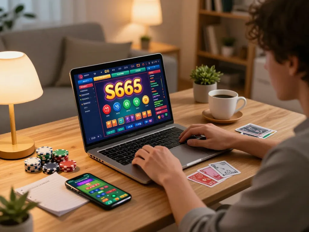 S666 player strategizing with online casino app while enjoying a cozy home environment