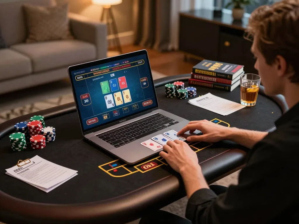Người chơi LUCK8 tham gia vào một trò chơi dealer trực tiếp bằng laptop với ghi chú đặt cược chiến lược.