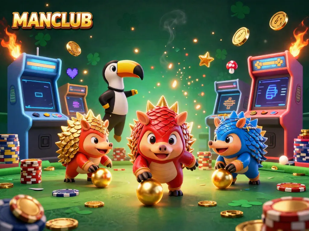 MANCLUB pangolins competing in a vibrant casino-themed game scene.