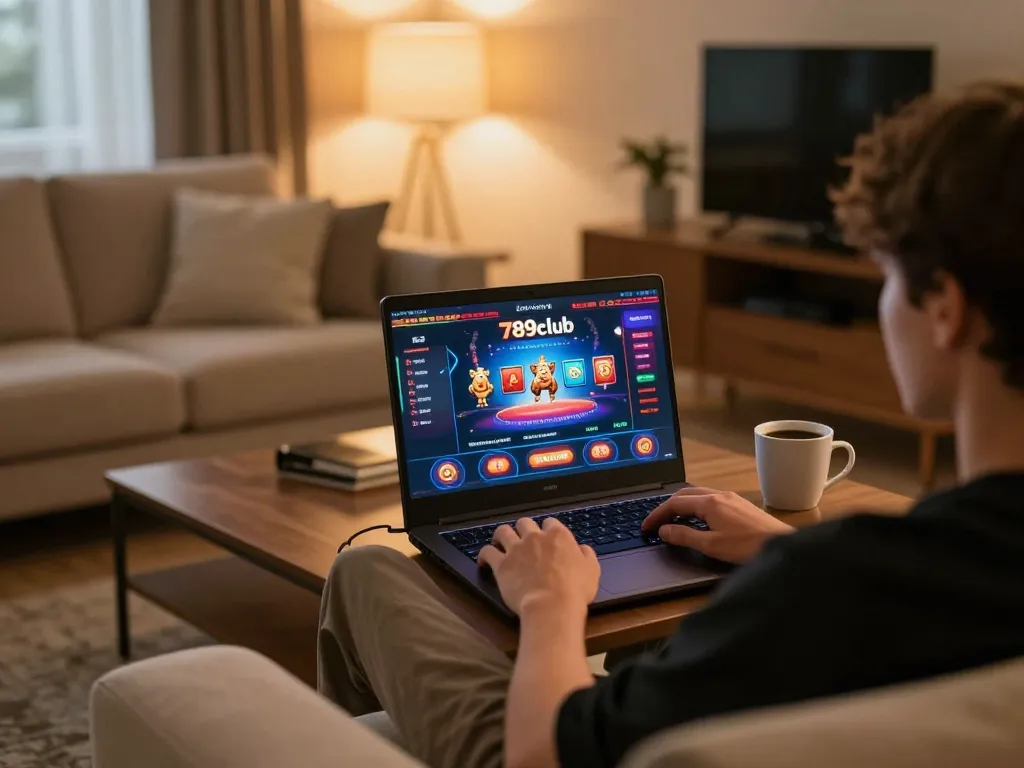 Player engaging with the 789club online casino interface in a cozy home atmosphere.
