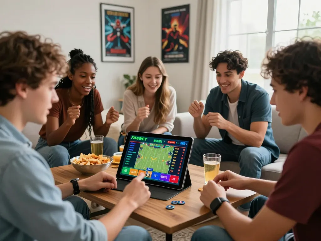 Engaging scene of friends using FABET for live sports betting in a modern living room