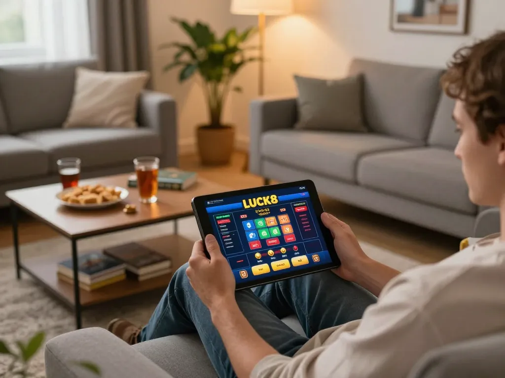 Hành động chơi game LUCK8 trên máy tính bảng trong một không gian ấm cúng tại nhà, thể hiện sự giải trí của casino trực tuyến.