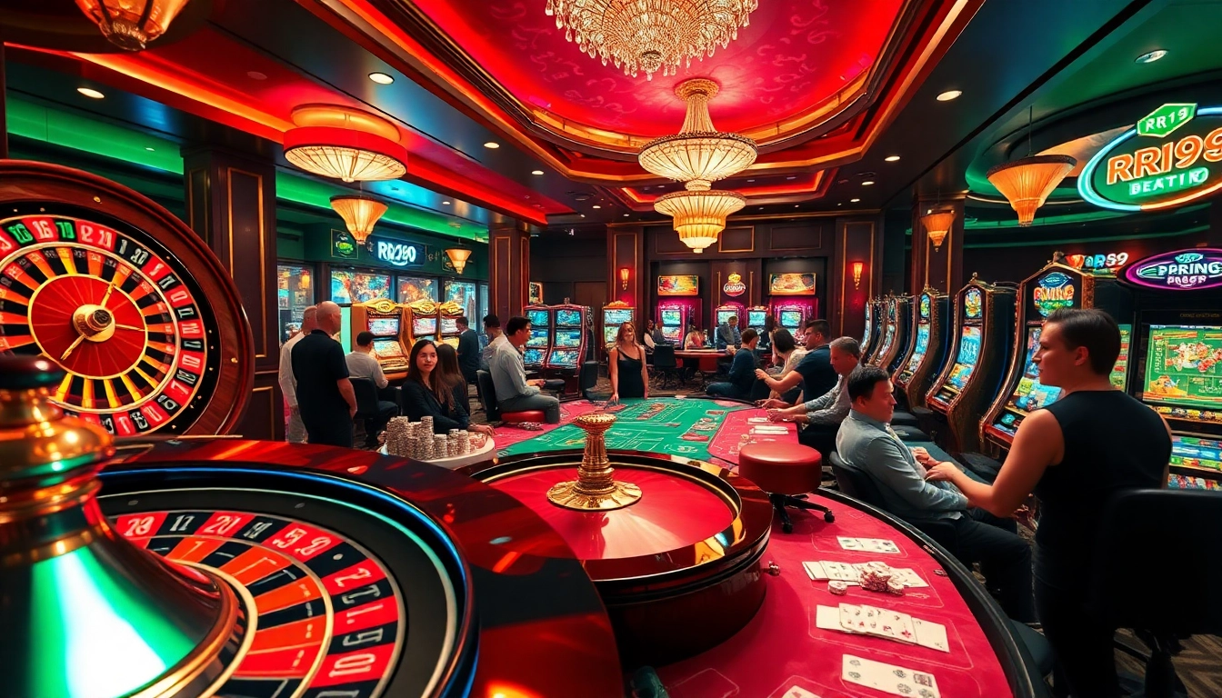 Exciting casino atmosphere featuring RR99 games with roulette and poker tables.