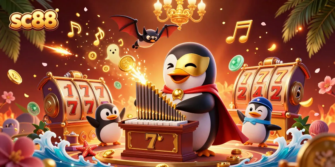Engage in exciting casino action at sc88 with dynamic scene of a phantom penguin and golden coins.