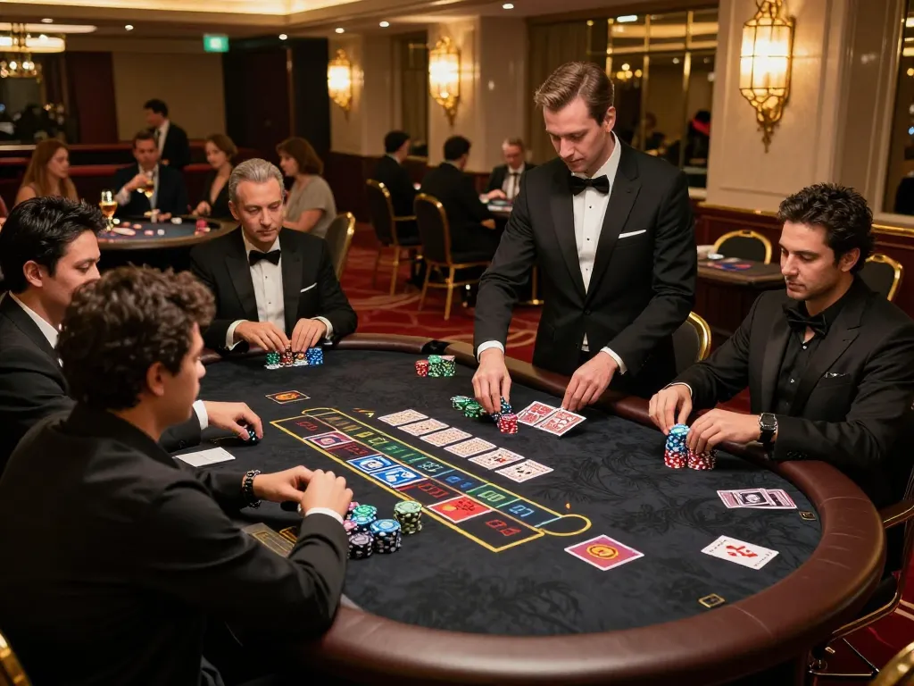 KP88 players strategizing at an upscale blackjack table in a vibrant casino setting.