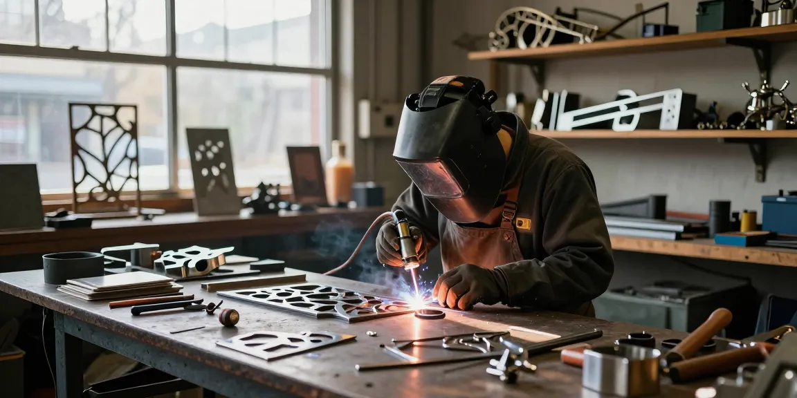 Skilled metalworker performing metal fabrication in North Vancouver workshop with tools and sunlight.