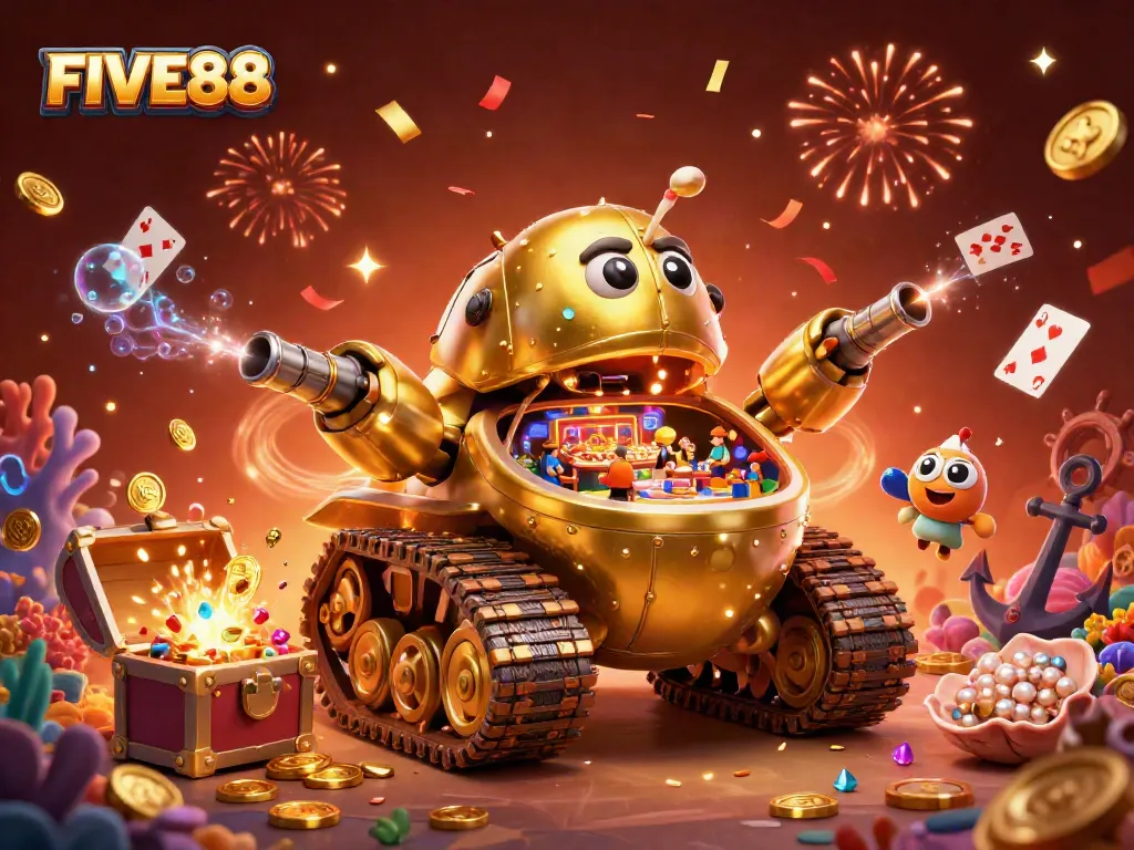 Engage with FIVE88’s vibrant 3D casino experience featuring a golden beetle tank and lively scene.