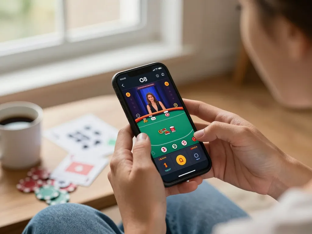 Engaging in poker gameplay on O8 mobile app, showcasing a cozy home setup with gaming strategy notes.