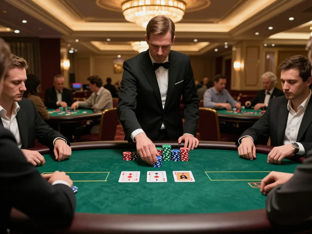 LU88 players strategically placing bets at an upscale poker table, showcasing intense gameplay.