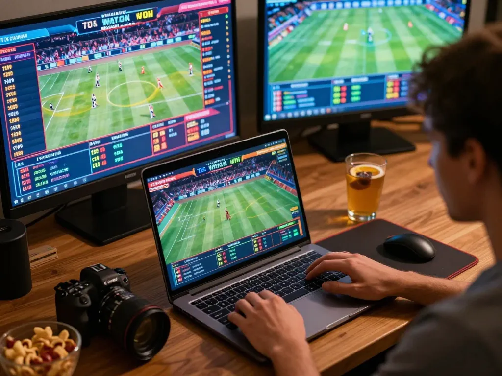 Engaging in sports betting with laptop displaying odds on Website Dabet, showing a lively setup.