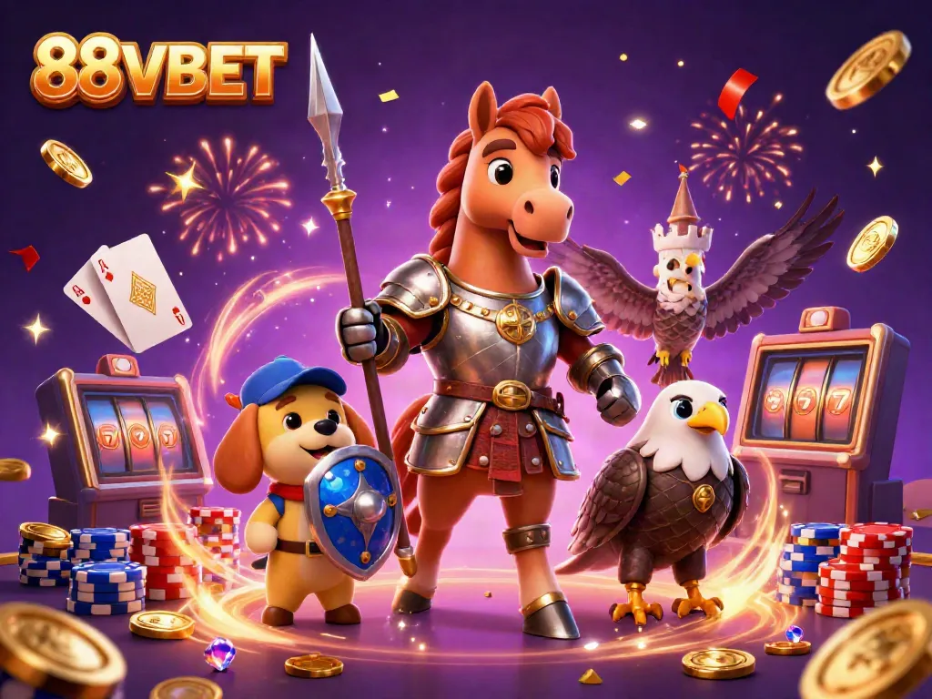 Experience the thrill of casino gaming with 88VBET's vibrant 3D illustration featuring knights and classic slots.
