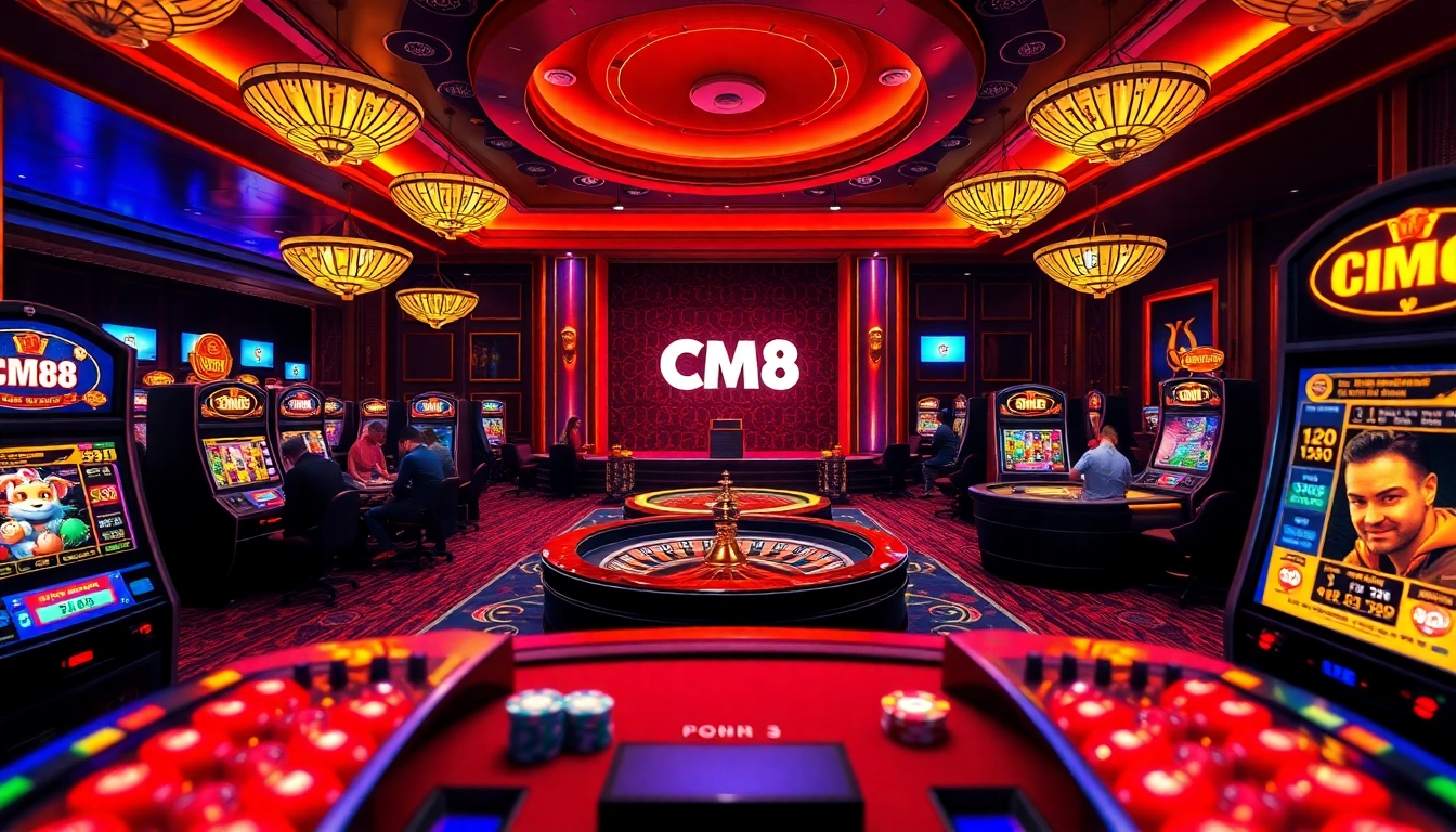 Players enjoy a thrilling game at the casino showcasing CM88-themed decor and vibrant gaming action.