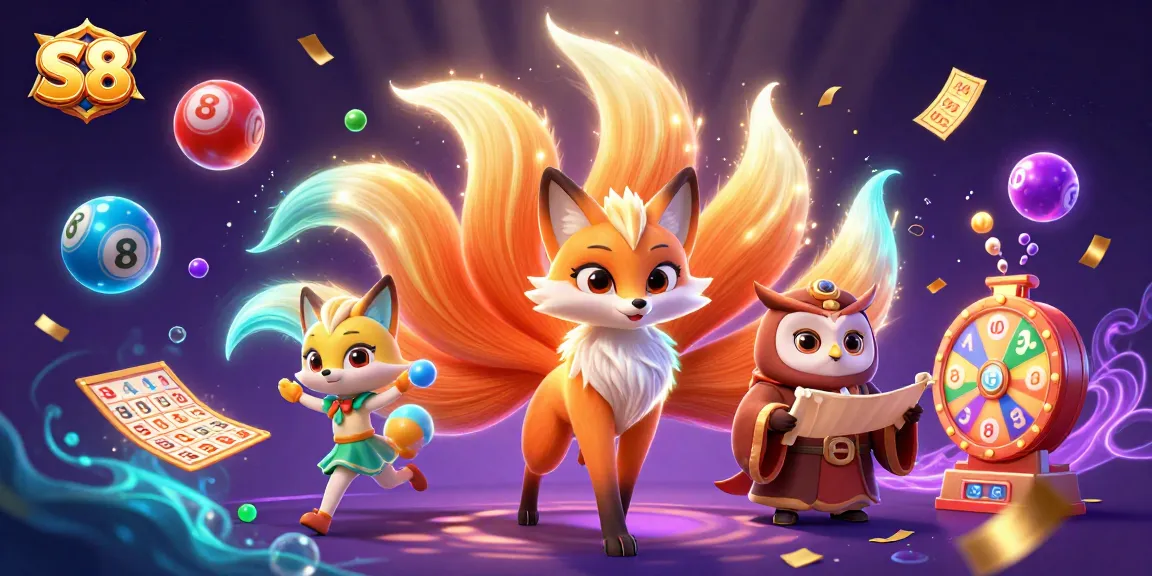 S8 game themed illustration showcasing a nine-tailed fox with color glowing tails beside a wise owl sage in a vibrant casino backdrop.