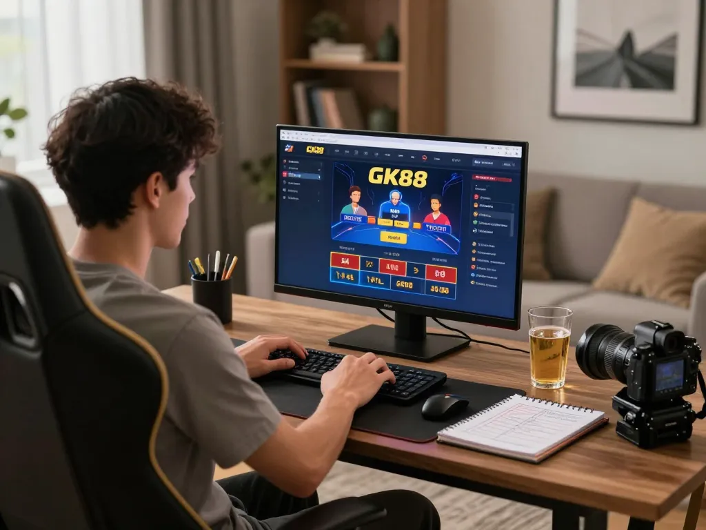 Player engages with the GK88 online casino interface at home, showcasing mobile gaming excitement and strategy.