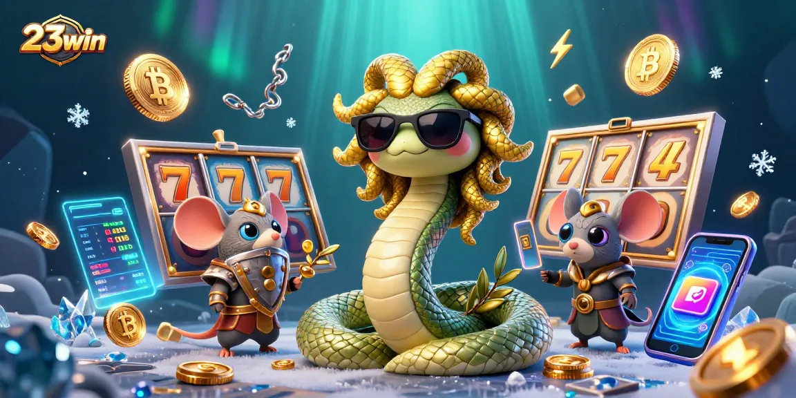 Experience the fun of 23win with a lively illustration featuring casino games and gaming characters.