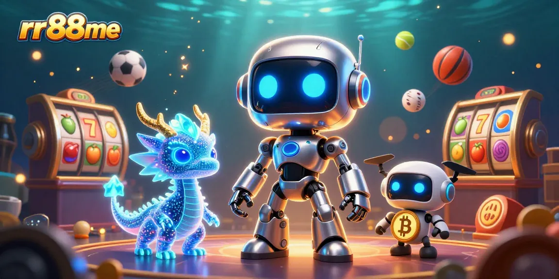 Engage with rr88me while experiencing a thrilling 3D casino atmosphere filled with slot symbols and vibrant gambling elements.