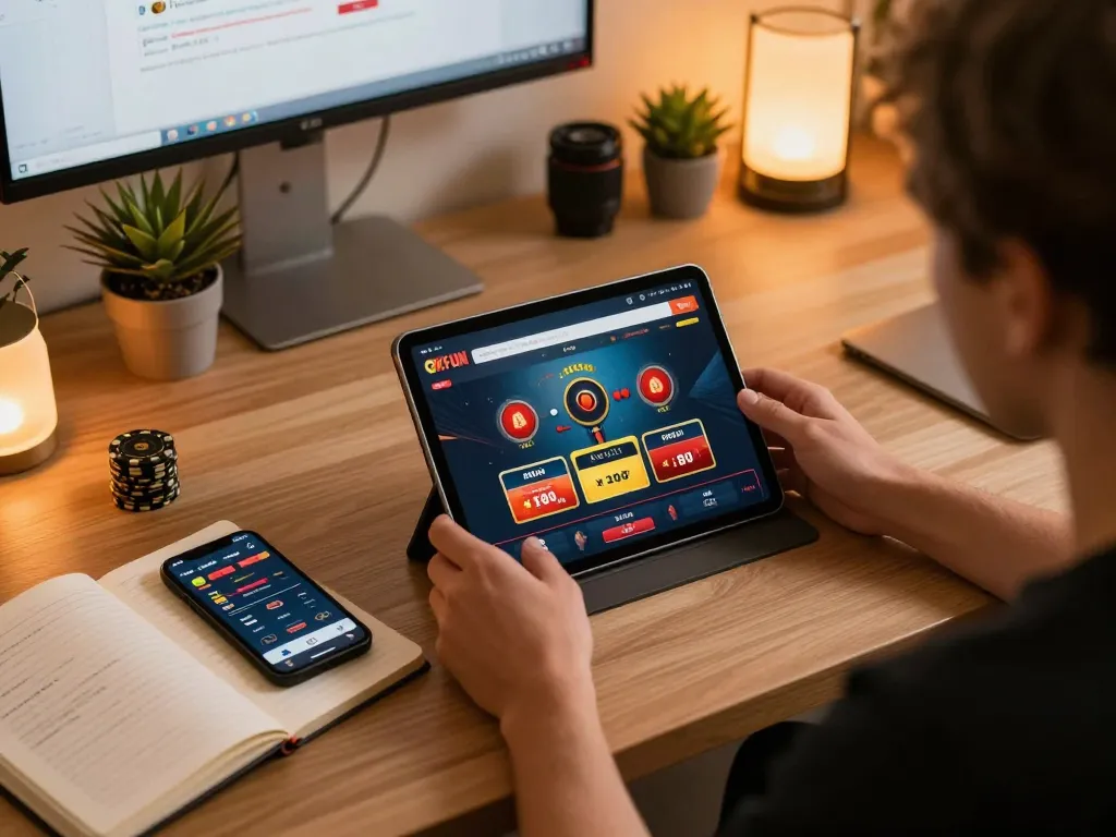 Player exploring the OKFUN online casino interface on a tablet, immersed in strategic betting.