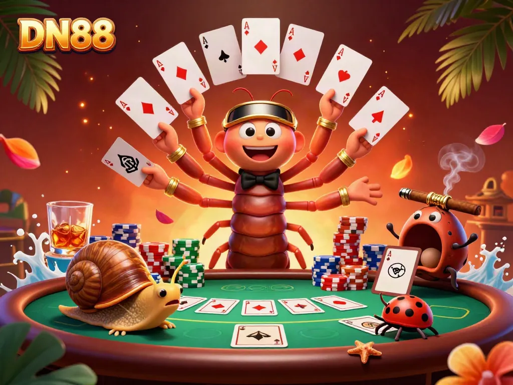 Engage in exciting gameplay at DN88 with a vibrant 3D illustration showcasing a dealer, high-roller, and chip stack.