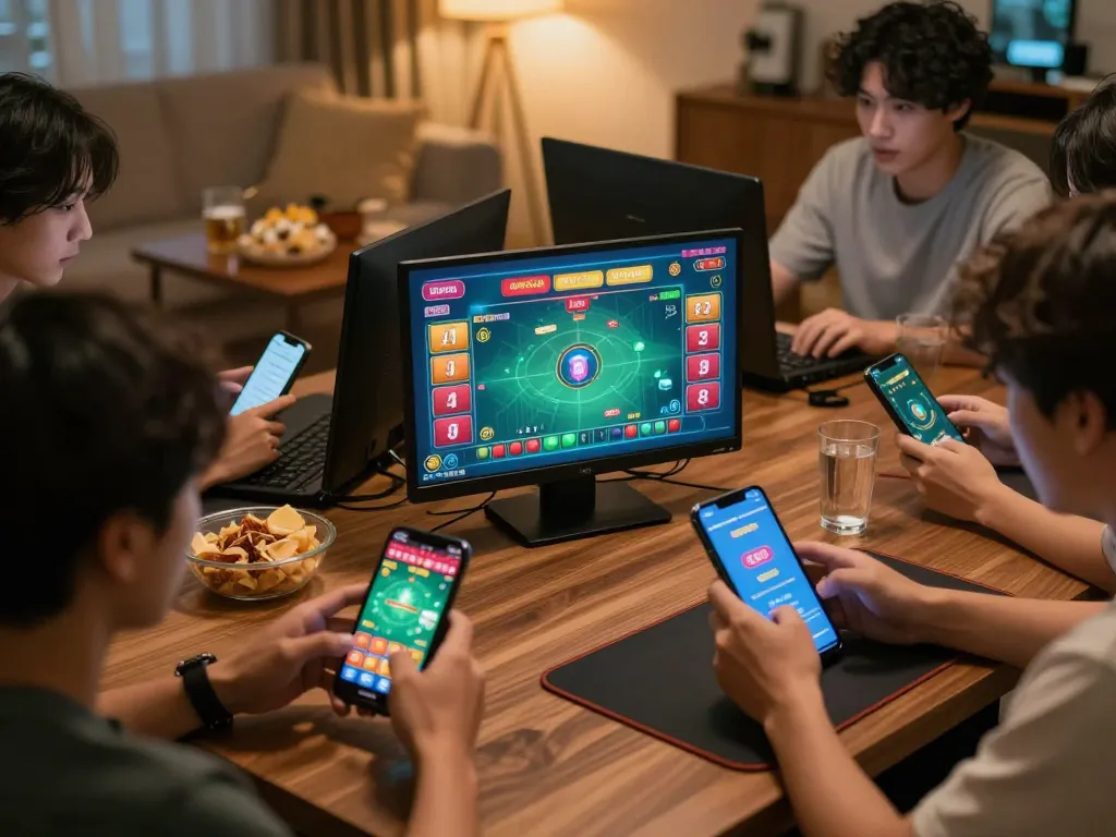 Xóc đĩa online gaming session at home, highlighting interactive screens with betting options and players engaged.