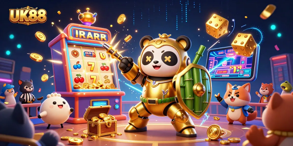 Experience UK88 with a mech-suit panda amidst a jackpot explosion of casino games and cheering spectators.