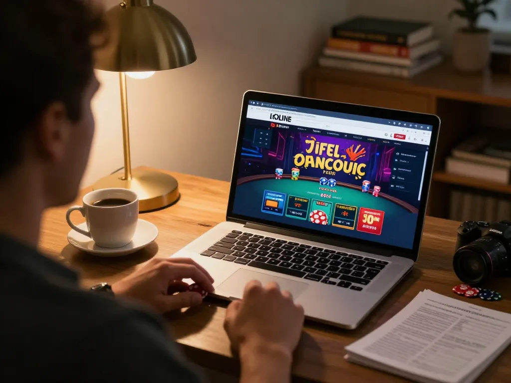 Person enjoying a poker game on Da88 online casino platform at home with strategy notes and warm ambiance.
