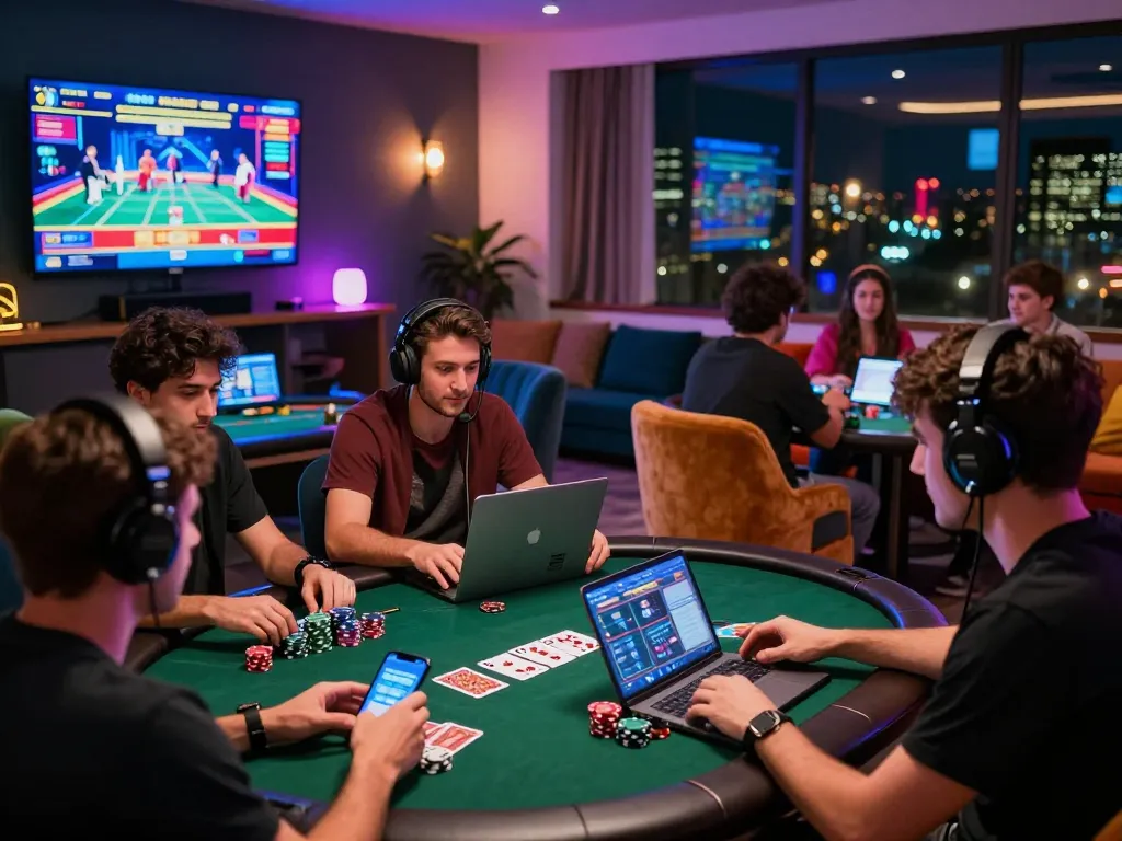 Engaging online gaming atmosphere with Five88 players and vibrant casino screens.