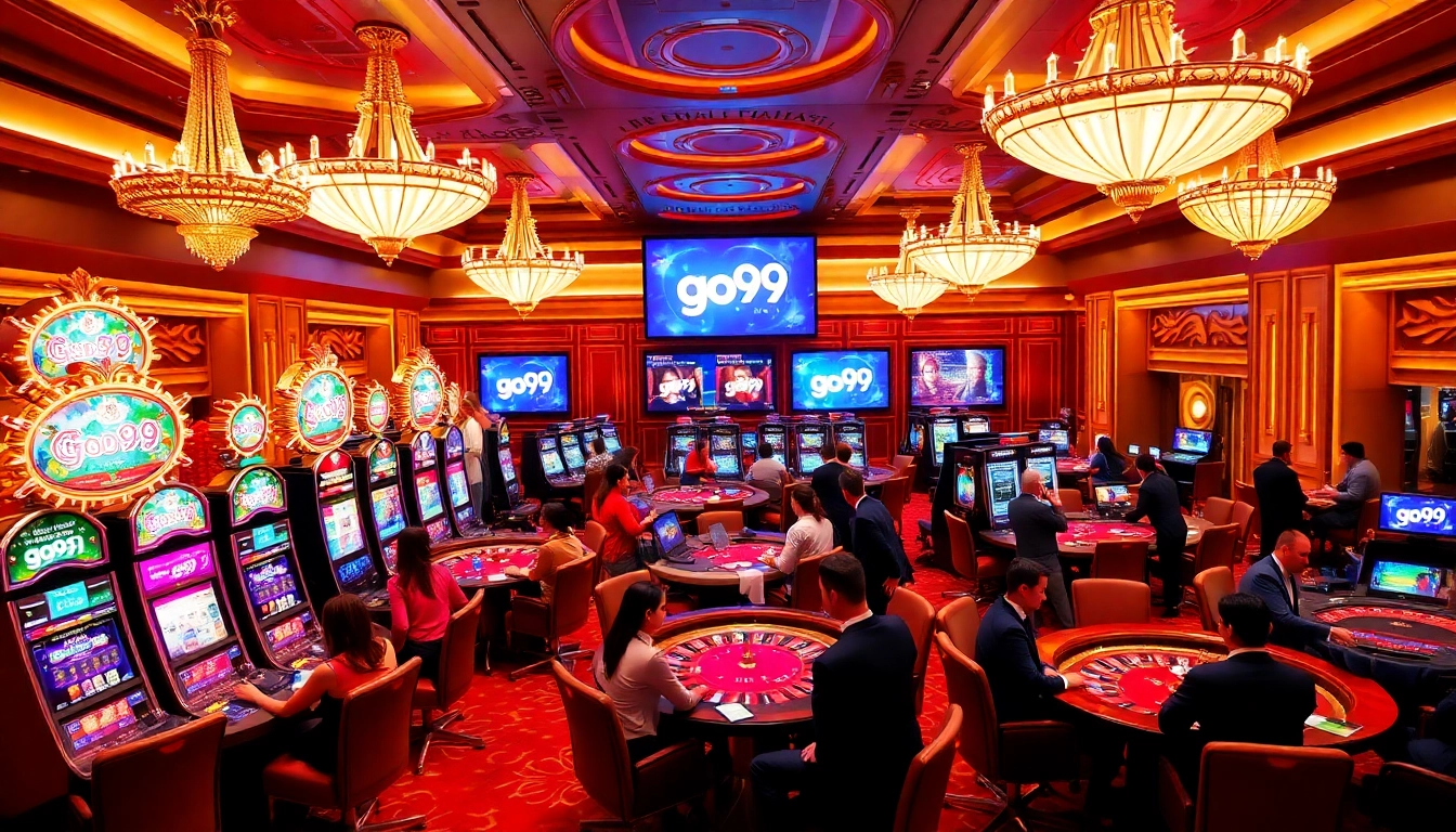 Gamble with excitement at go99, showing casino tables and vibrant slot machines.