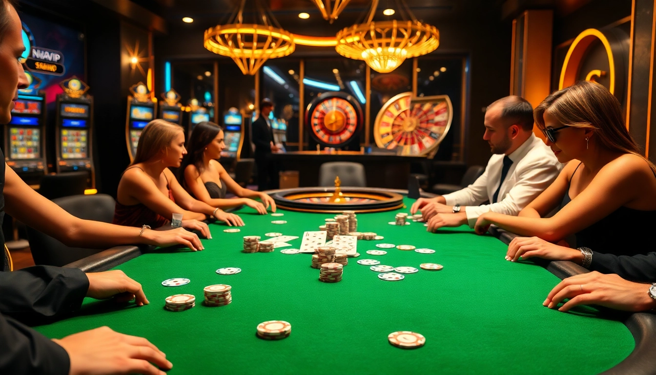 NHATVIP poker players enjoying a thrilling game at a luxury casino table with vibrant lighting.