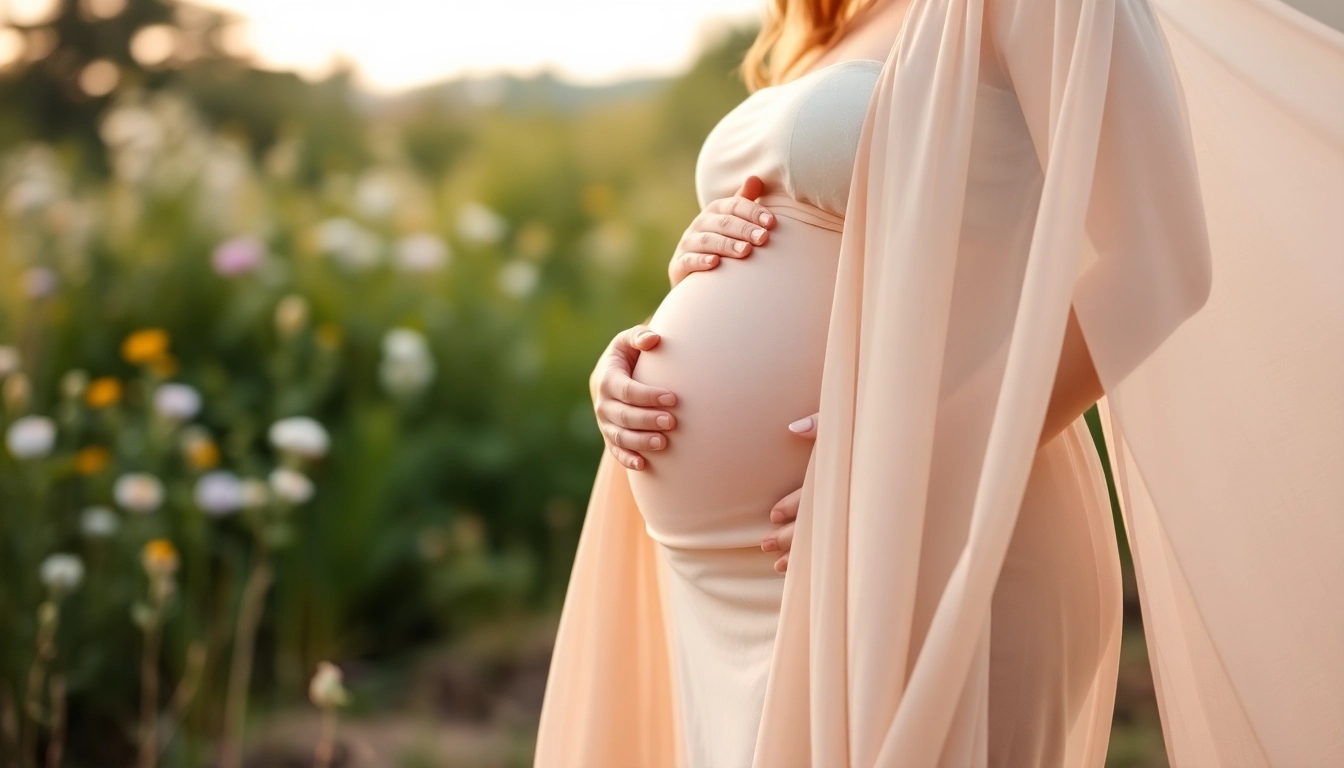 Capture of a radiant mother during a Babybauch Fotoshooting in a dreamy outdoor scene.