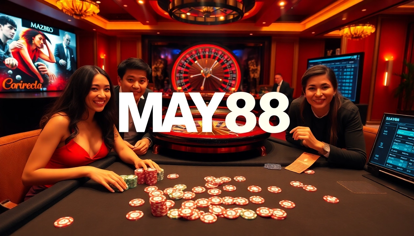 Players enjoying a live casino experience at MAY88 with poker chips and cards on the table.