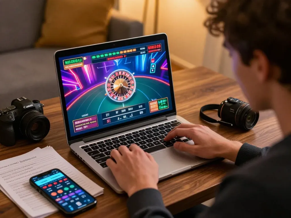 Play LU88 online casino roulette in a lively home setting, focused player and vibrant interface.