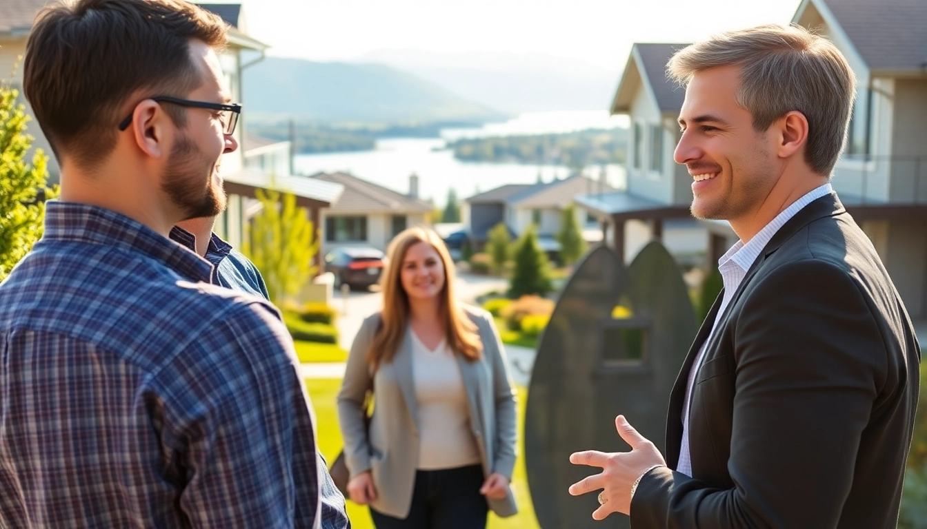 Kelowna realtor engaging clients outdoors with stunning lakeside views.