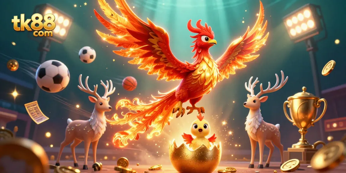 Experience thrilling action with tk88 com as the fire phoenix soars amidst animated sports elements and casino excitement.