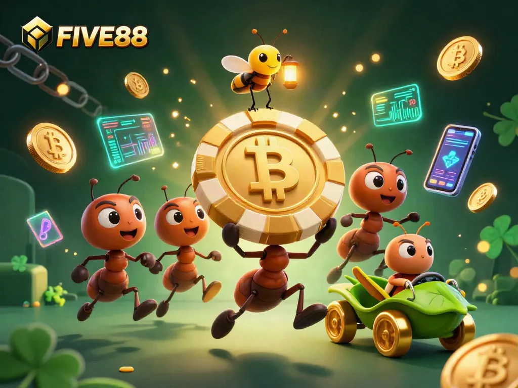 FIVE88 casino heist with playful ants carrying a giant poker chip amidst crypto elements.