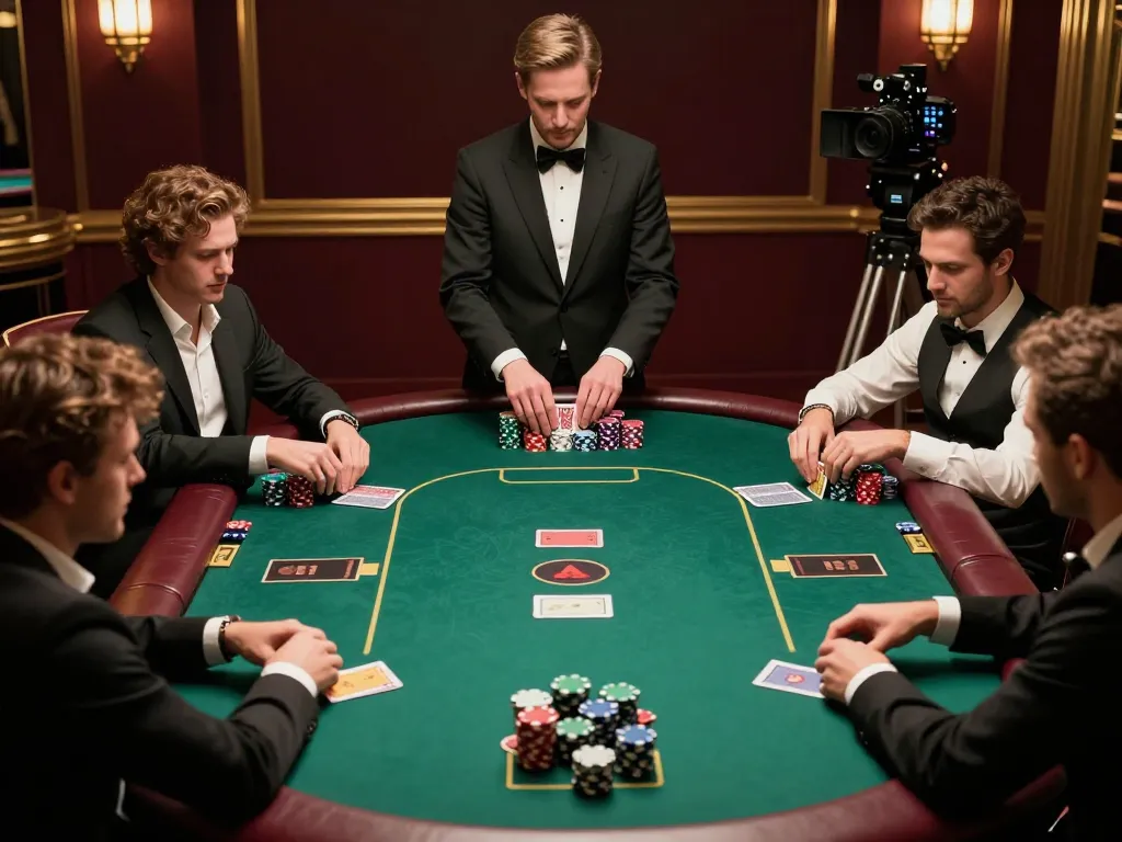 tv88 players engage in high-stakes poker with chips and cards at a luxury casino table